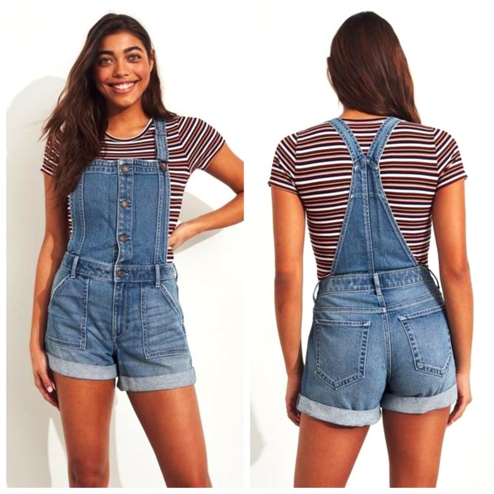 Hollister High Rise Mom Short Blue Overall